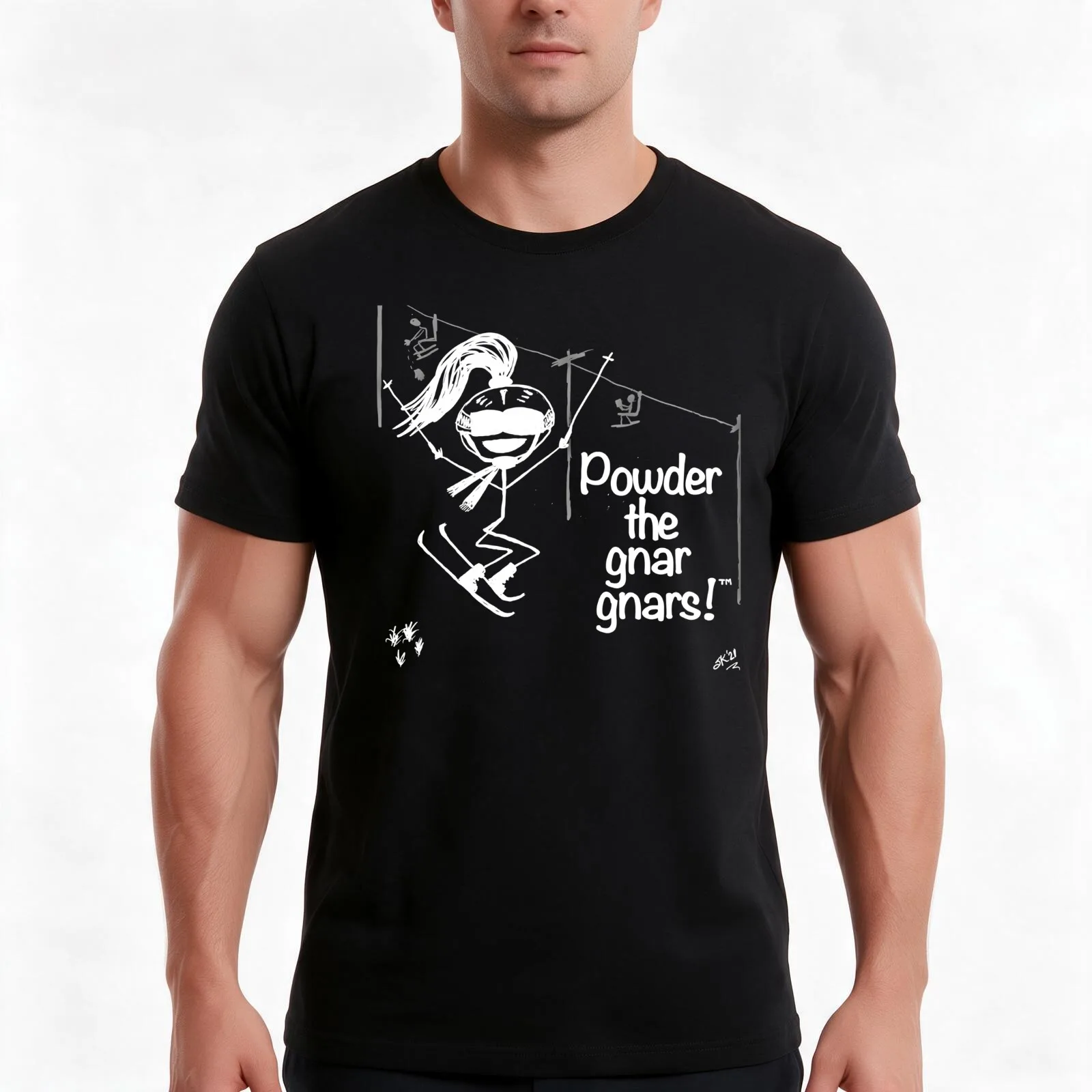 Powder the gnar gnars!? White Ink PONYTAIL!! T-Shirt, Summer Casual Cotton Tee, Oversized Streetwear Tops, Vintage Graphic Print