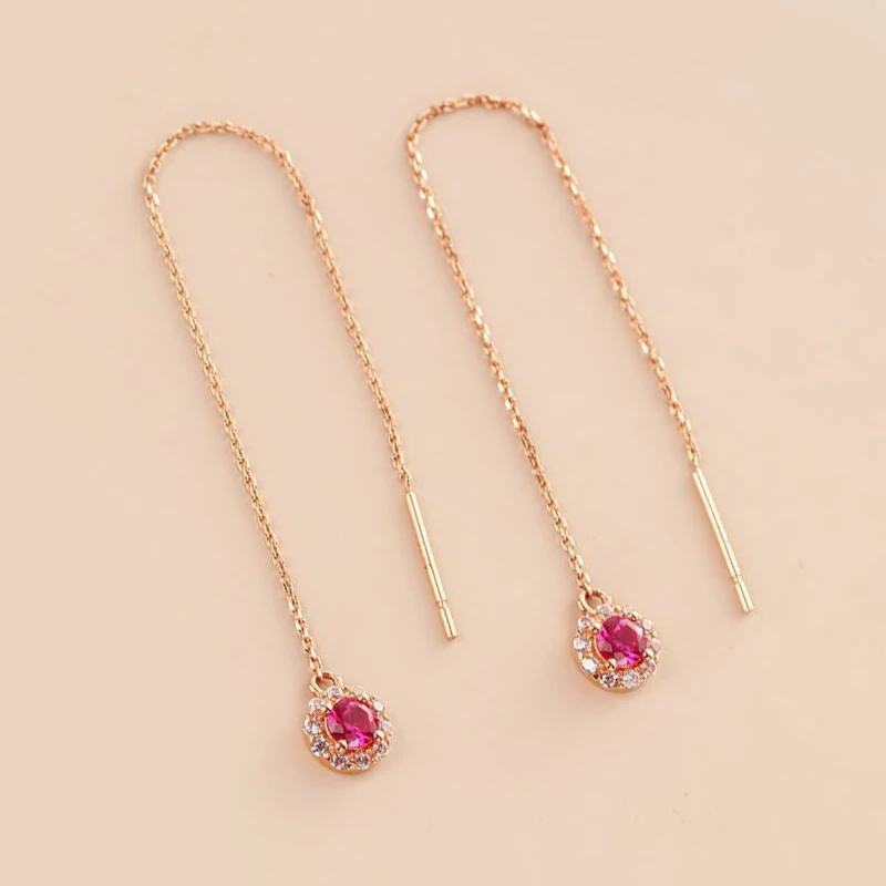 Light Luxury Sweet 585 Purple Gold Earrings for Women Plated 14K Rose Gold Red Gem Long Chain Earings Exquisite Fine Jewelry