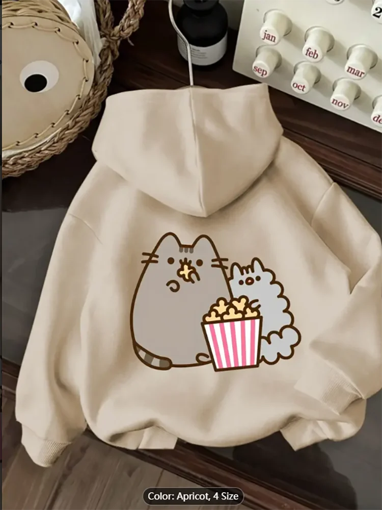 

Женская абрикосовая толстовка с графическим принтом «Кошки и попкорн», повседневная толстовка с капюшоном большого размера на шнурке для любителей кошек, чистый хлопок