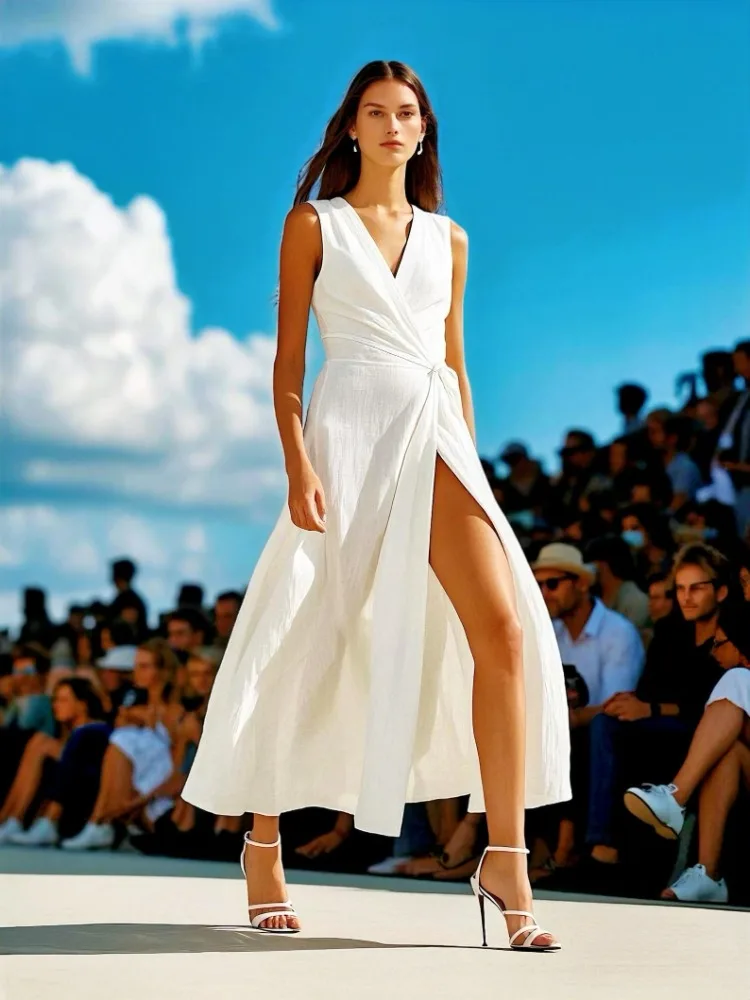 Missuoo Women's White V-neck Sleeveless Casual Dress Lace-up High Waist Slit Wedding Guest Dress Summer Evening Party Gowns