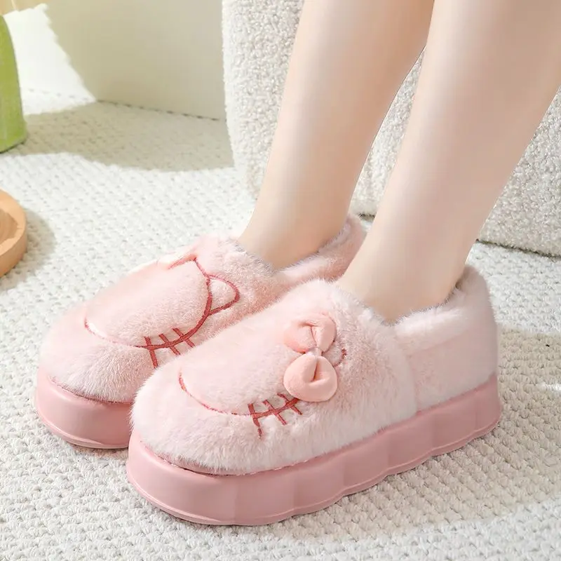 

new arrival slippers woman for fuzzy bow slides indoor cozy shoes women's 2024 winter warm kitty cats slip on loafer slippers