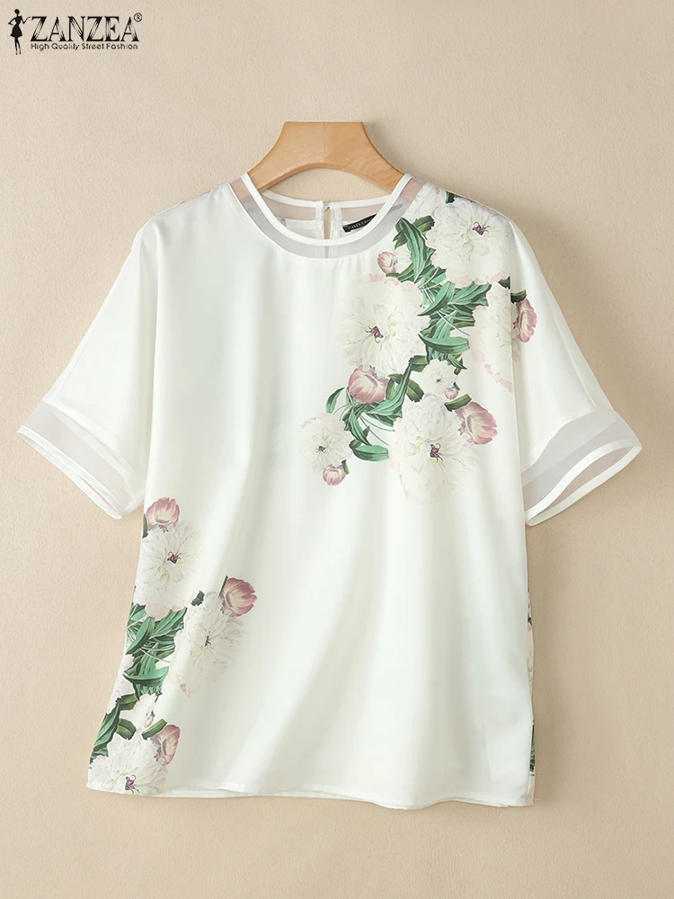 

ZANZEA Summer Mesh Blouse Short Sleeve Floral Tops 2025 Elegant Blusas Women Casual O Neck Patchwork Pullovers Loose Print Tunic