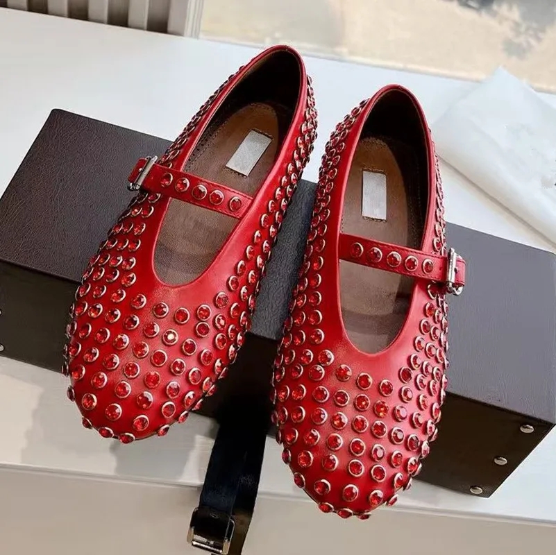 2026 Nieuwe Rivet Full Diamond Water Diamond Balletschoenen Dames Echt Leer Platte Bodem Ronde Kop Mary Jane Enkele Schoenen