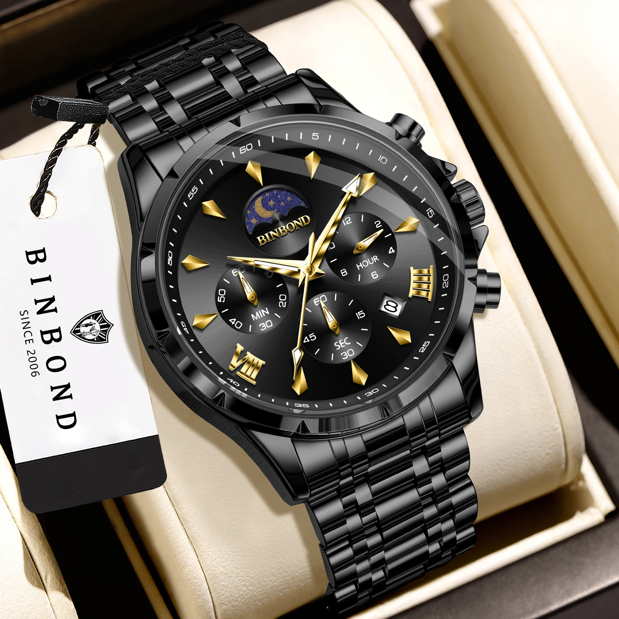 BINBOND Orginal Precise Quartz Watches For Men Luxury Luminous Waterproof Chronograph Durable Men's Watch Sports Casual Reloj