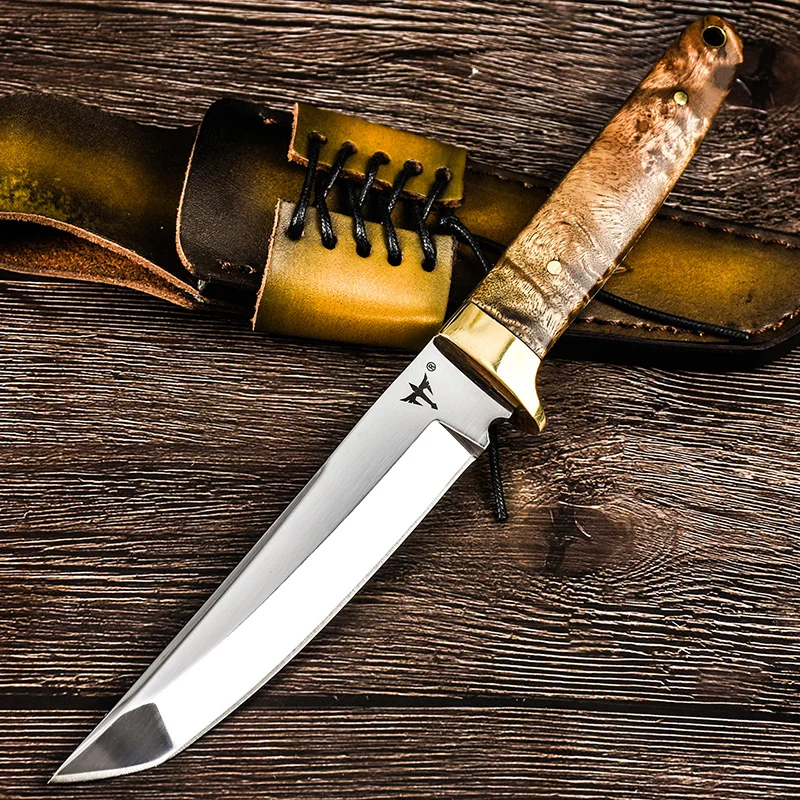 Wolf outdoor survival tactical straight knife wilderness survival knife Multi-function camping knives wood handle D2 blade