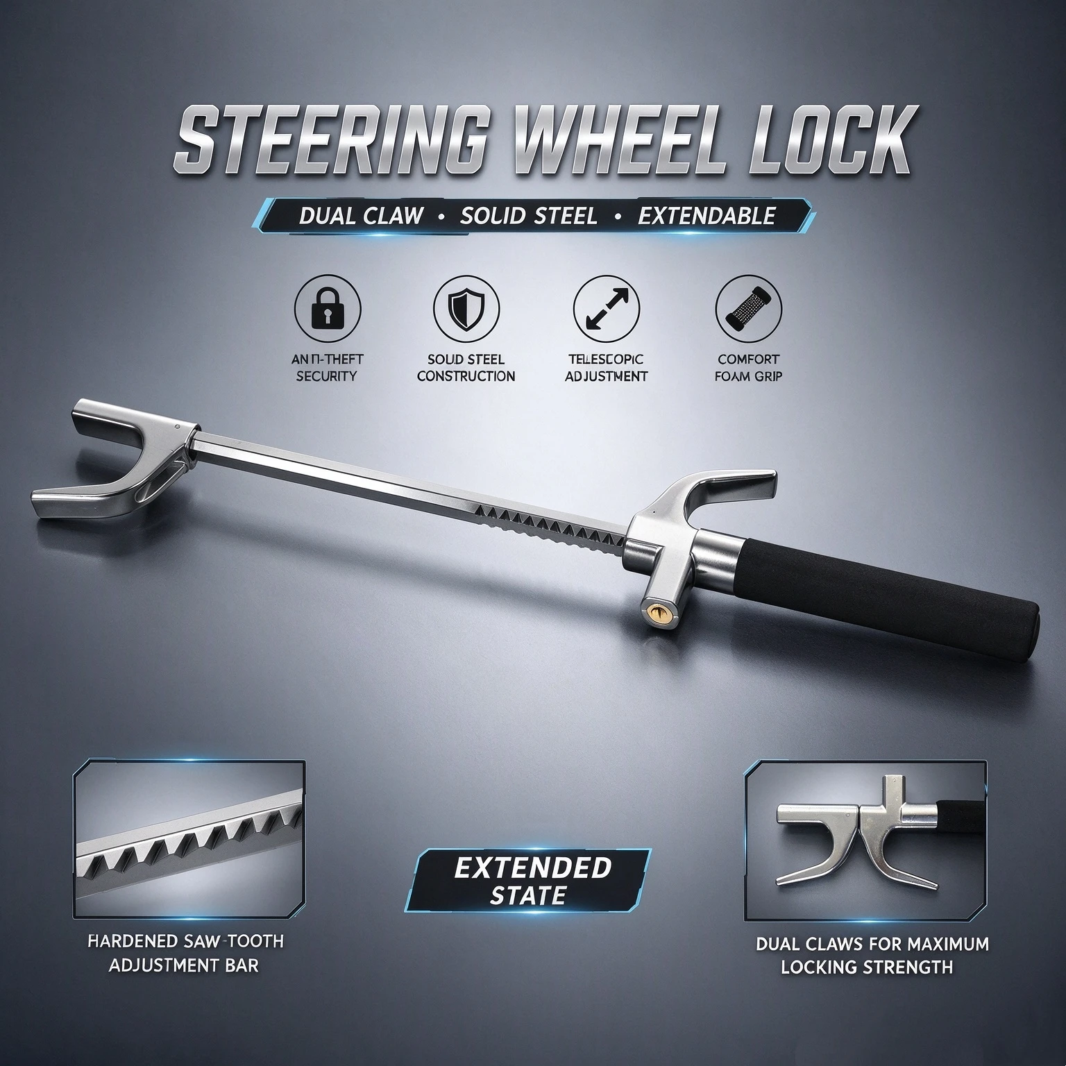Car Steering Wheel Lock Anti Theft, Universal Adjustable Steel Security Lock 42-70cm for SUV Truck Van, Heavy Duty, 3 Keys