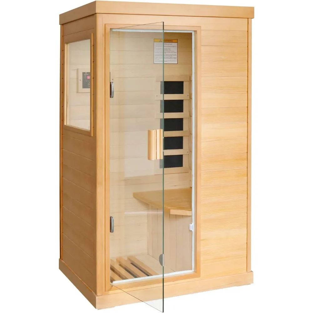 Far Infrared Sauna Home Sauna Spa Room with Control Panel and Tempered Glass Door, Hemlock Wood 800W Indoor Saunas 110V