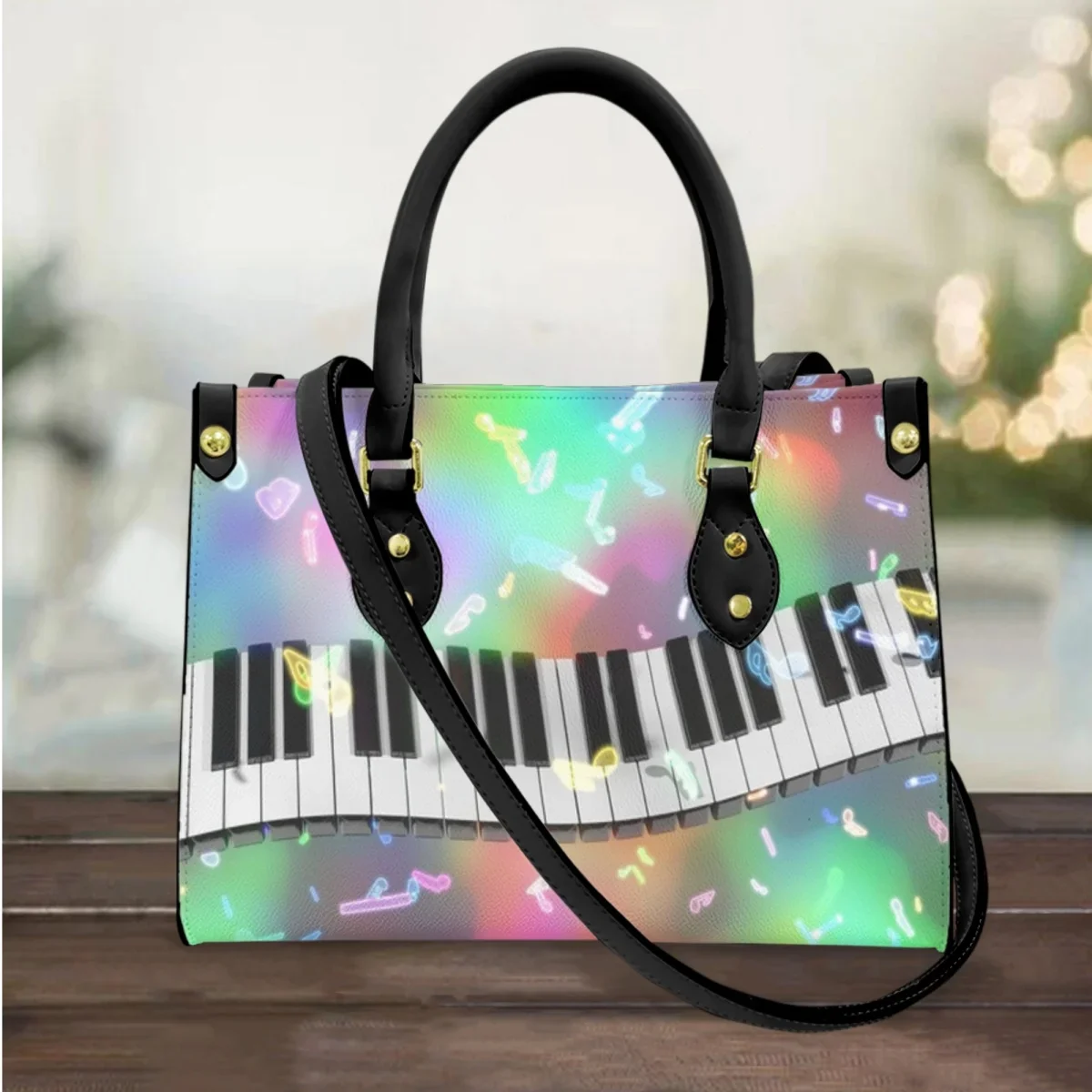 Colorful Piano Notes Printing PU Leather Messenger Bag Outdoor Trendy Tote Bags Music Style Top-handle Handbag Carteras Mujer