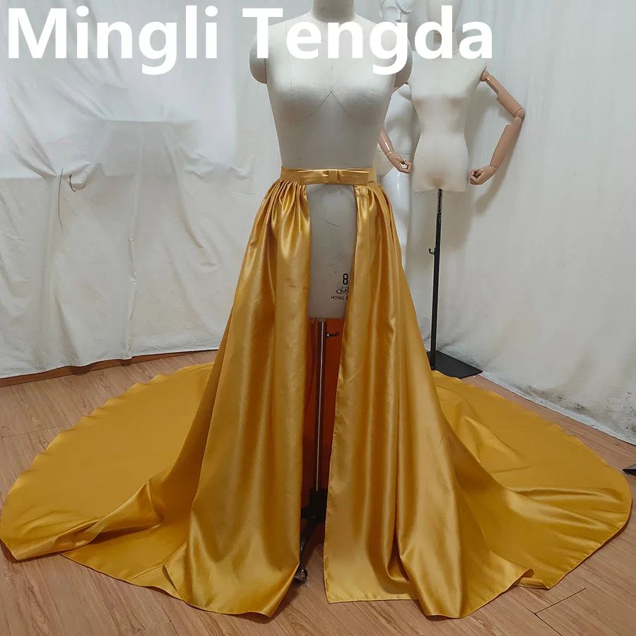 Mingli Tengda Bride Gold/Black Satin Half Skirt with Detachable Tail Underskirt Long Train Petticoat Custom Made Wedding Accesso