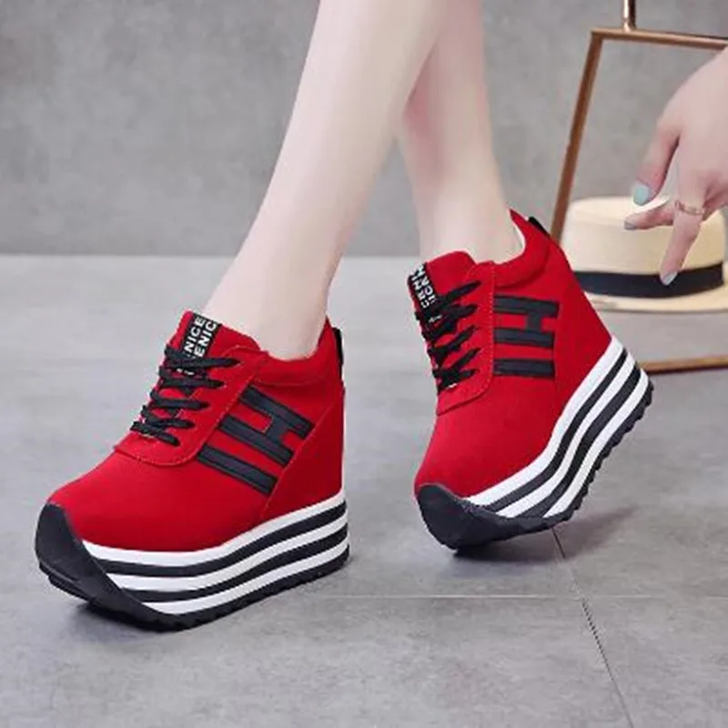 2024 Women Sneakers Fashion Women 10CM Height Increasing Breathable Lace-Up Wedges Sneakers Platform Canvas Woman Casual Shoes