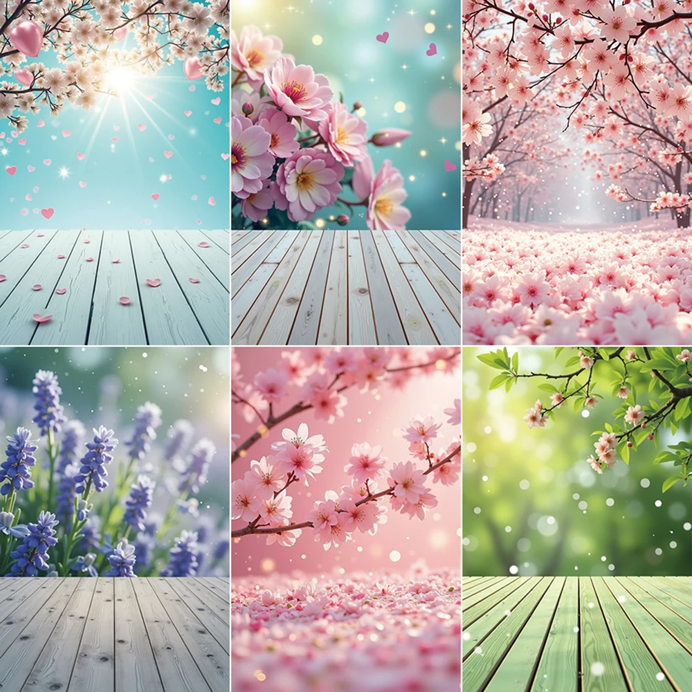 

MOON.QG Spring Flower Wood Wall Background Photography Green Grass Forest Tree Floral Garden Wooden Floor Photo Studio Backdrop