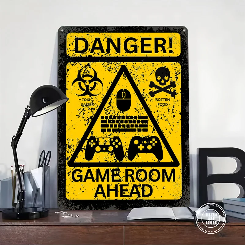 Gamer Room Danger Sign Tinplate Poster Customized Wall Art Vintage Retro Metal Signs for Aesthetic Decoration At Home Man Cave