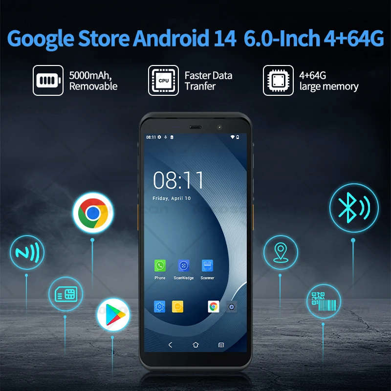 PDA 8Core 6InchesTouch Screen Android14 Handheld Terminal 1D/2D Terminal Device 5000Ah With WIFI NFC for Express