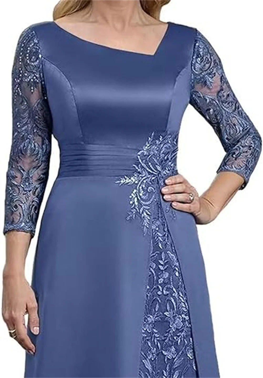 فستان نسائي مخصص باللون الأزرق الملكي مزين بالدانتيل على شكل حرف A فستان أم العروس من الساتان بأكمام طويلة فستان سهرة رسمي للحفلات الراقصة