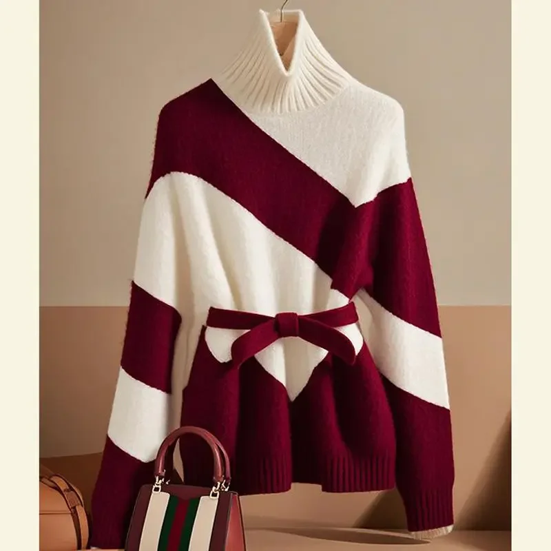 

Unique Loose Soft Glutinous Sweater Gentle Lazy Style Red Spliced Turtleneck Sweater Base Shirt Women's Top