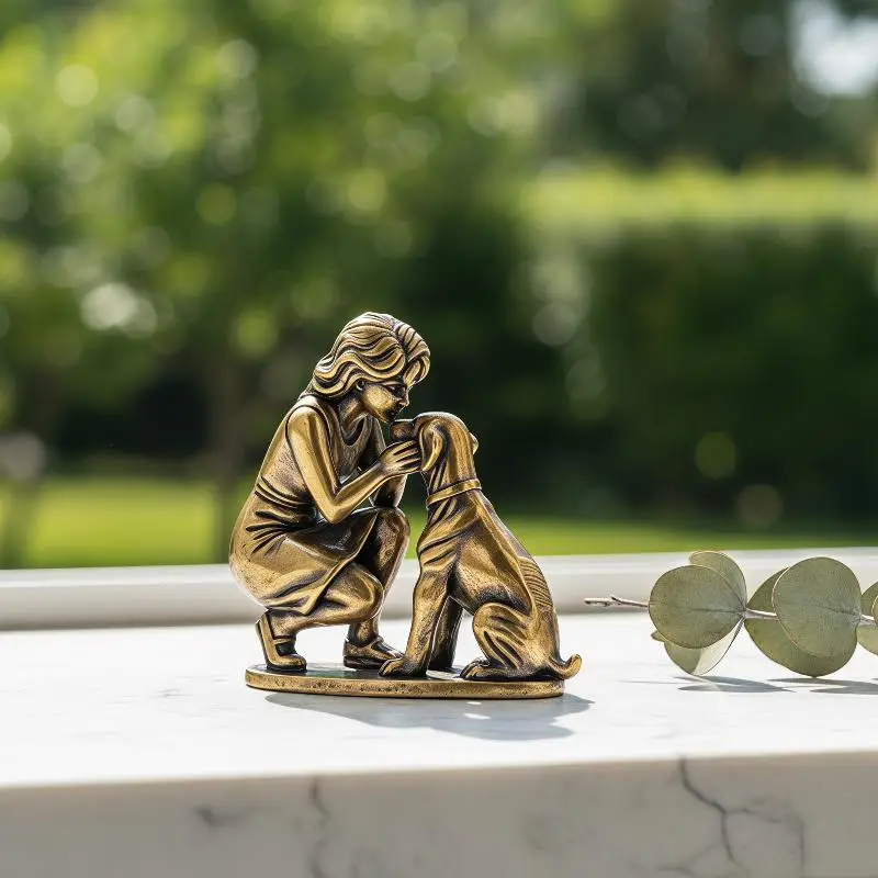 Vintage-Messingstatue von Mädchen und Hund, handgefertigt, fein geschnitzt, antik veredelt, Dekoration für Kinderzimmer, Wohnkultur, Geschenk für Feiertage. – Detail 17