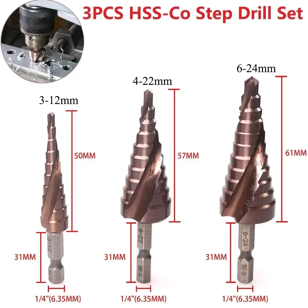 

3 шт. M35 кобальтовое ступенчатое сверло 3-12 4-22 6-24 HSS-CO конусное сверло по металлу электроинструмент с прямой канавкой кобальтовый подшипник шестигранная насадка