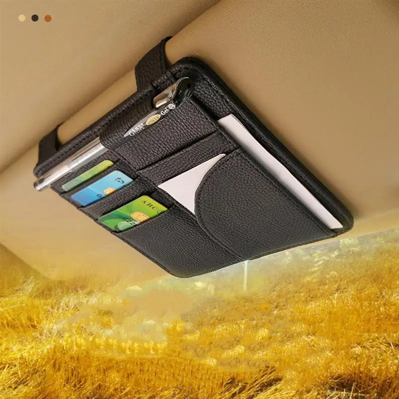 Car Sun Visor Organizer Multi-Pocket Business Card Storage Management Holder Visor Accessories Auto Interior PU Leather