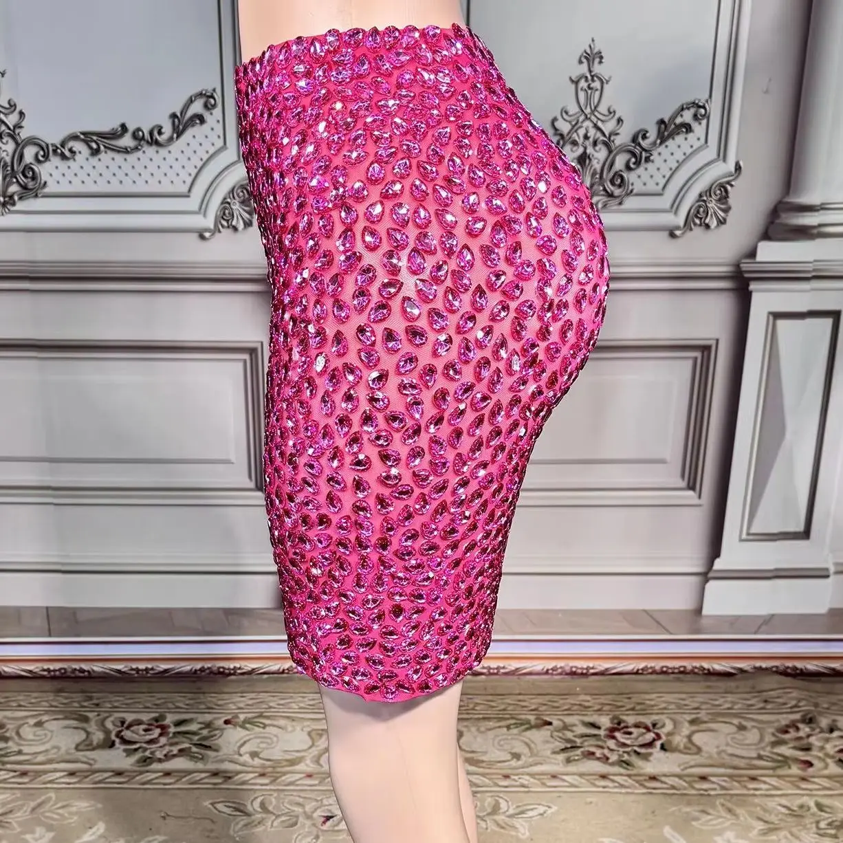 ZD Sexy Stage Pink Bling Argento Strass Gonna Maglia elasticizzata Vestito Danza Palcoscenico Compleanno Festeggia Performance Servizio fotografico Skir