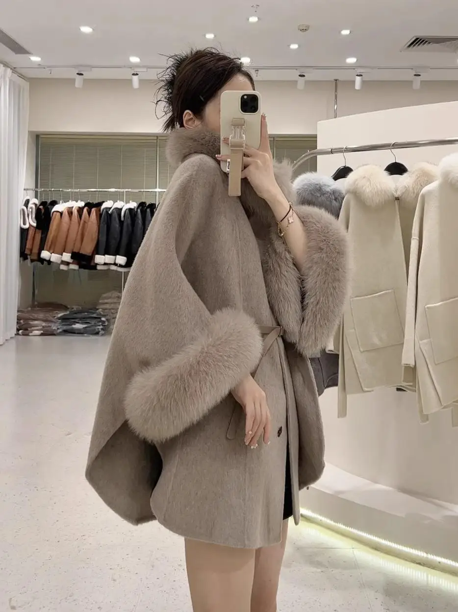 Fall Winter New Style Women's Coat Korean Style Woolen Cloak with  Fur Collar Large Size Fashionable Outerwear