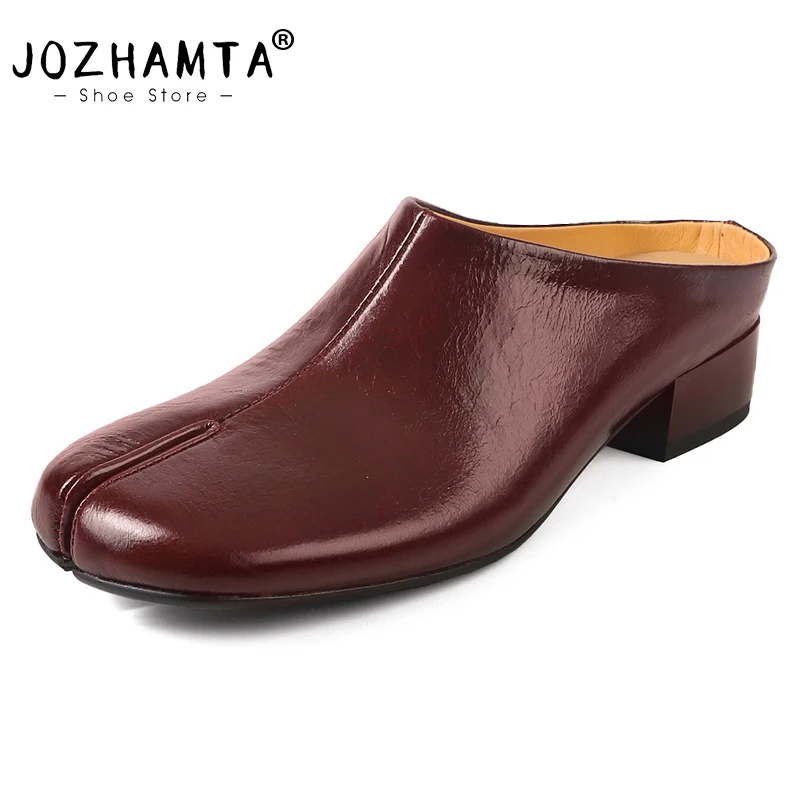 JOZHAMTA Size 34-40 Women Mules Genuine Leather Classic Slides Thick Mid Heels Shoes Casual Clip Toe Party Dress 2025 Slippers