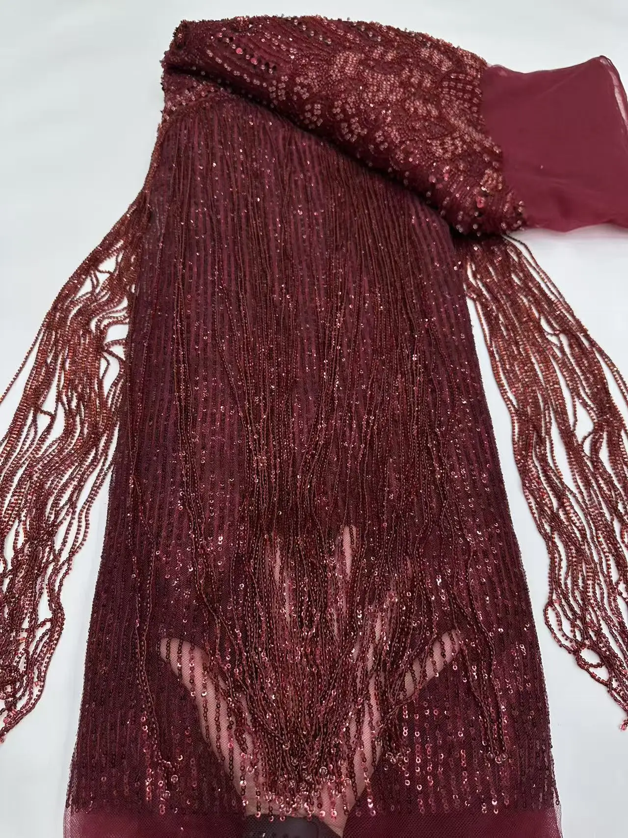 Wine 3D Tassel Sequined Lace African Net Lace Fabric 2026 High Quality Net Nigerian Lace Fabrics for Women Party Dresses  M648-1