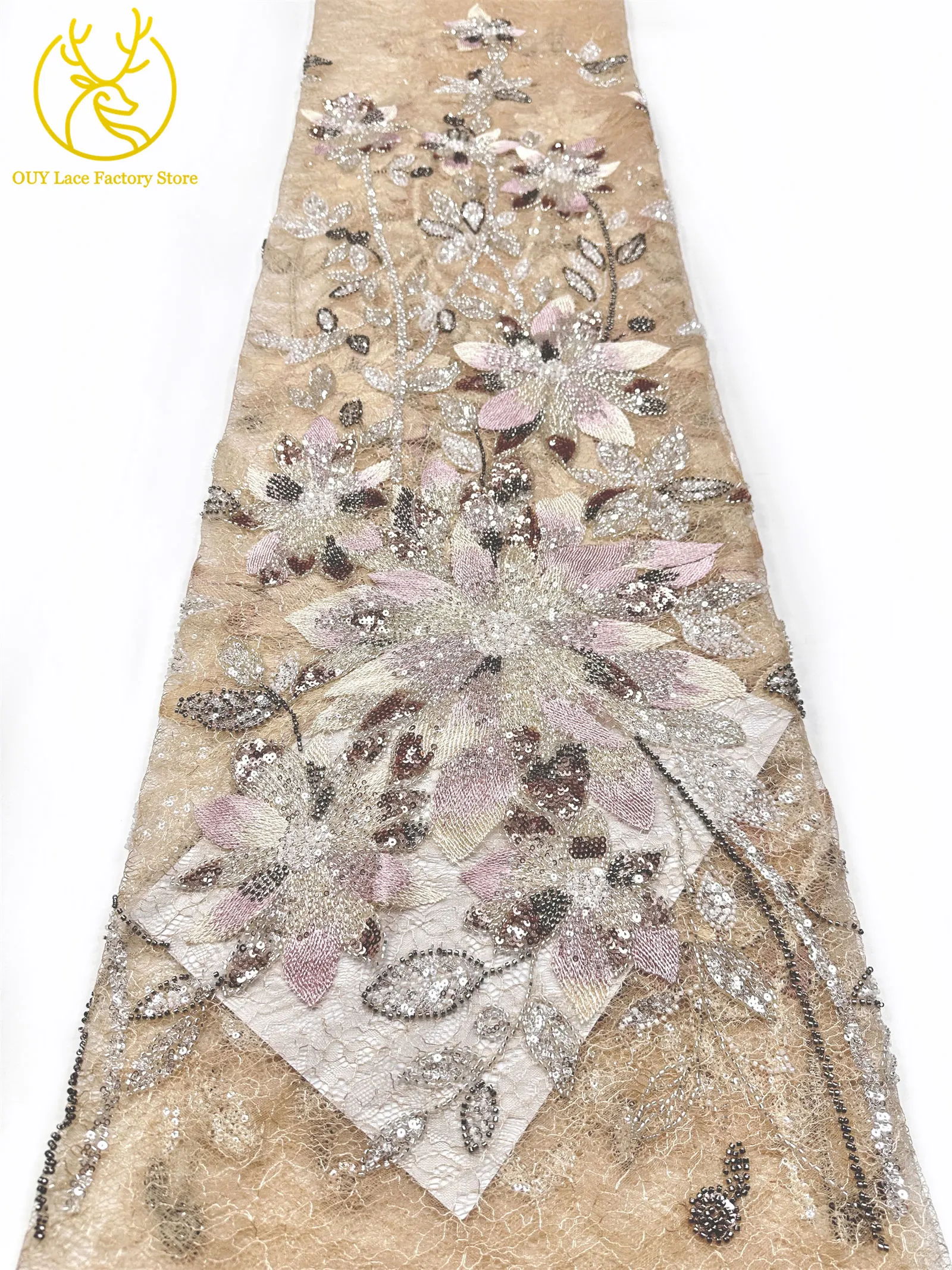 3D-Stickerei-Blattapplikation mit Pailletten, Röhrenperlen und Spitze, hochwertiger französischer Tüllspitzenstoff für Hochzeitskleider, Brautkleider und Partykleider zum Nähen. – Detail 10