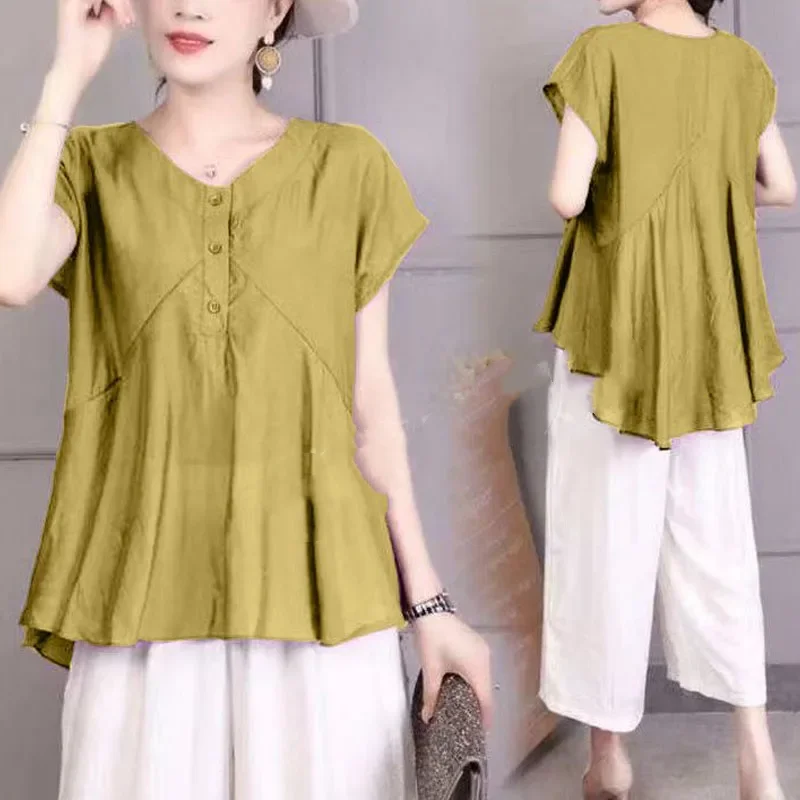 New Summer Solid Color V-Neck Button Spliced Loose Versatile Fashion Simplicity Commuter Women\'s Short Sleeve Chiffon Shirt Top