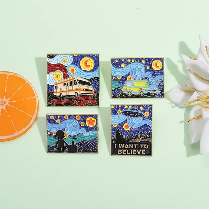 Van Gogh Oil Painting Enamel Pins Sets Custom Art Starry Night Black Cats Wave Brooches Lapel Badge Jewelry Decorative Gifts