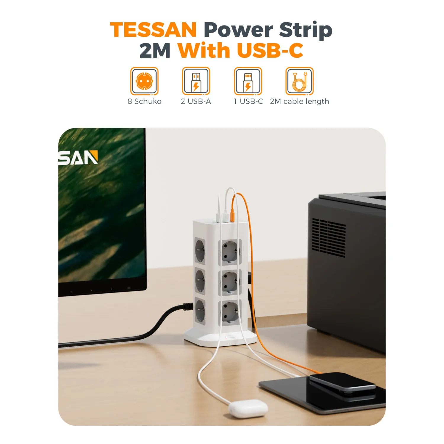 TESSAN Multiple Socket Power Strip with 12 Outlets 2 USB 1 Type C EU Plug Tower Socket with 2M Extension Cord Surge Protection