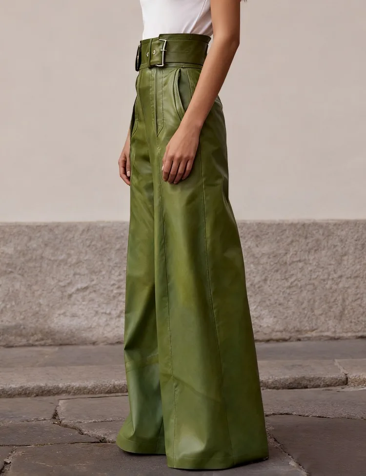 UOOZEE Office Ladies Fashion Faux Leather Wide Leg Pants 2026 New Solid Color High Waisted Loose Pleated Casual Trendy Trousers view 2