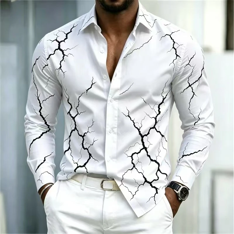 2026 new men's long sleeved shirt, modern with lightning print, solid color, lightweight, long sleeved,personalized, urban style