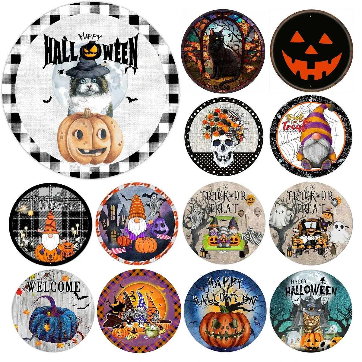 Round Tin Sign Rustic Wall Decor Pumpkins Orange Black Plaid Ghost Cats Witch Bats For Halloween Wreaths Home Bar Cafe