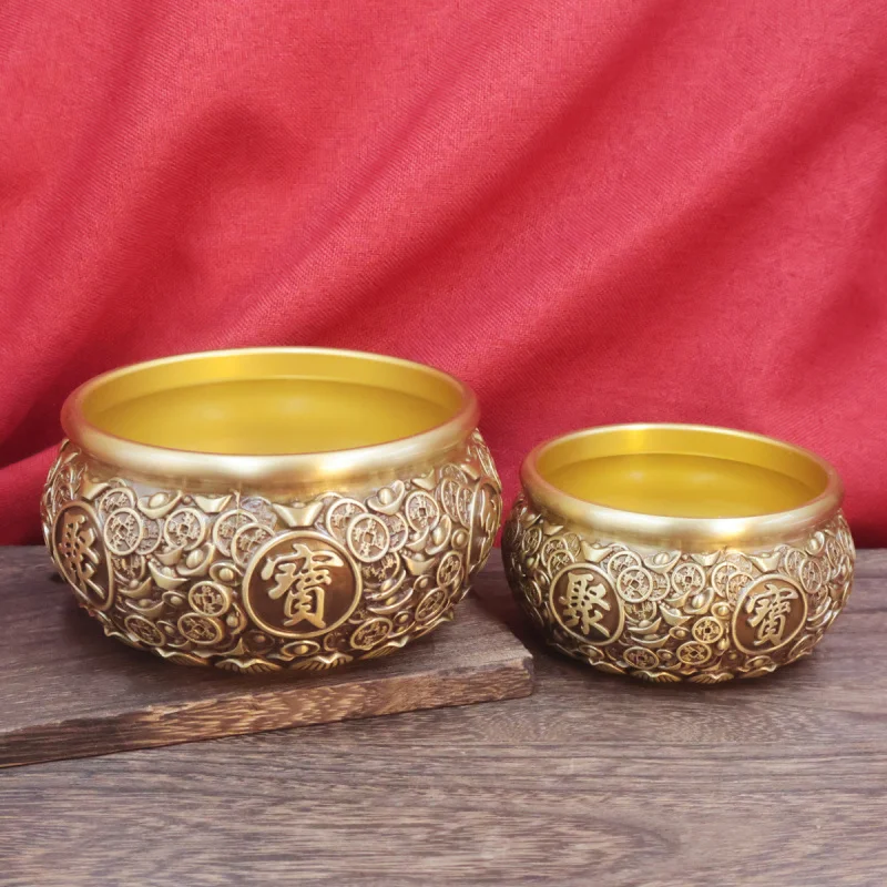 Brass coin treasure bowl desktop ornament, brass coins and ingots, living room entrance foyer, financial area, front desk office