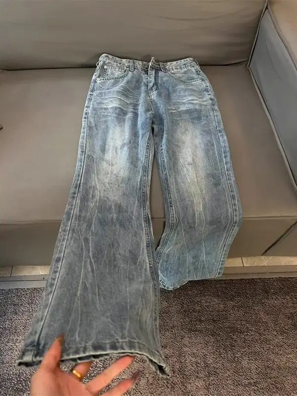 

Blue Lightning Pattern Men's Jeans Summer CleanFit Wide Leg Micro Flared Pants American High Street Sle Straight Cut Denim