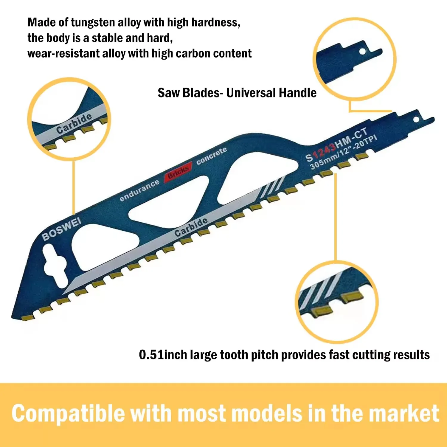 شفرة المنشار الترددية للبناء مقاس 12 بوصة - شفرة من السبائك الصلبة لقطع الطوب والخشب والمعادن وأنبوب PVC