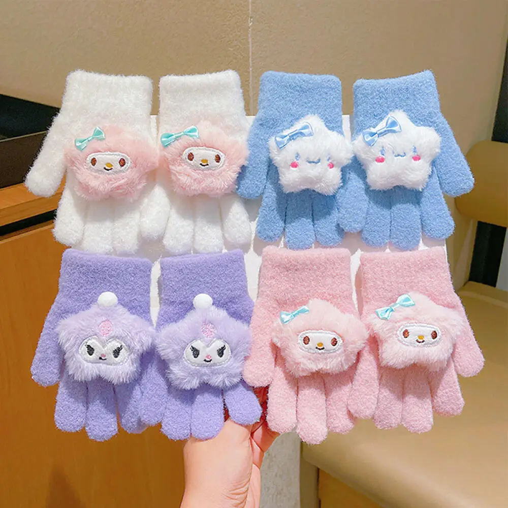 Sanrio Children's Knitted Glove Kawaii Cinnamoroll Kuromi Melody Stuffed Star Doll Glove Warm Split Finger Gloves Christmas Gift