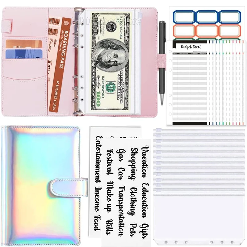 

2024 laser Budget Binder Zipper Envelopes Organizer Cash Envelopes for Budgeting Saving Money A6 Planner 6 Pockets Accessories