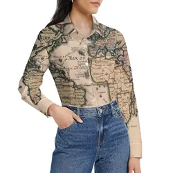 Old World Map 1714 Blouse Country Map Modern Graphic Blouses Womens Streetwear Shirts Summer Long Sleeve Oversized Top