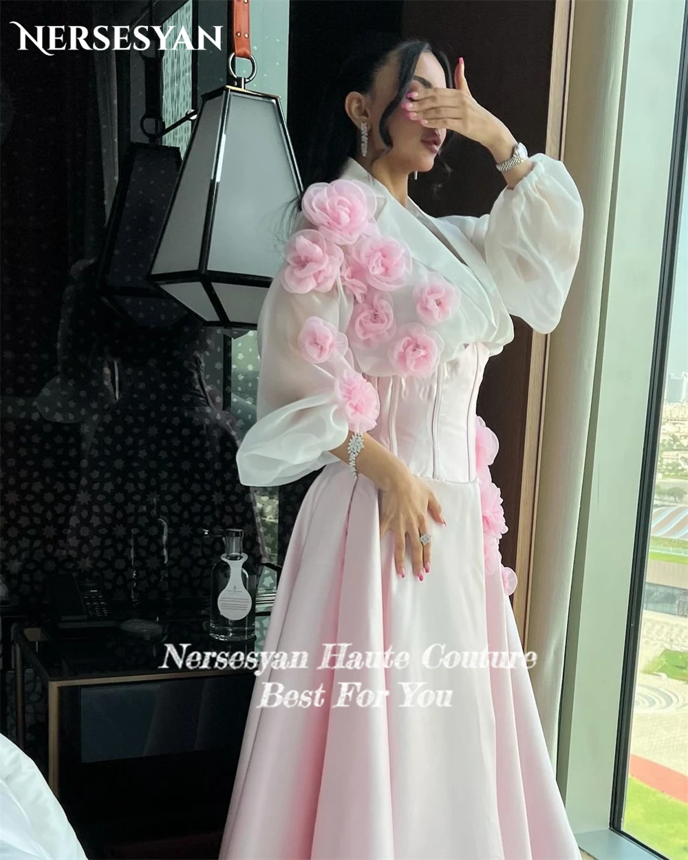 Nersesyan Blush Pink Elegant Formal Evening Dresses A-Line 3D Flowers Strapless Prom Dress Saudi Arabia Pageant Party Gowns 2024