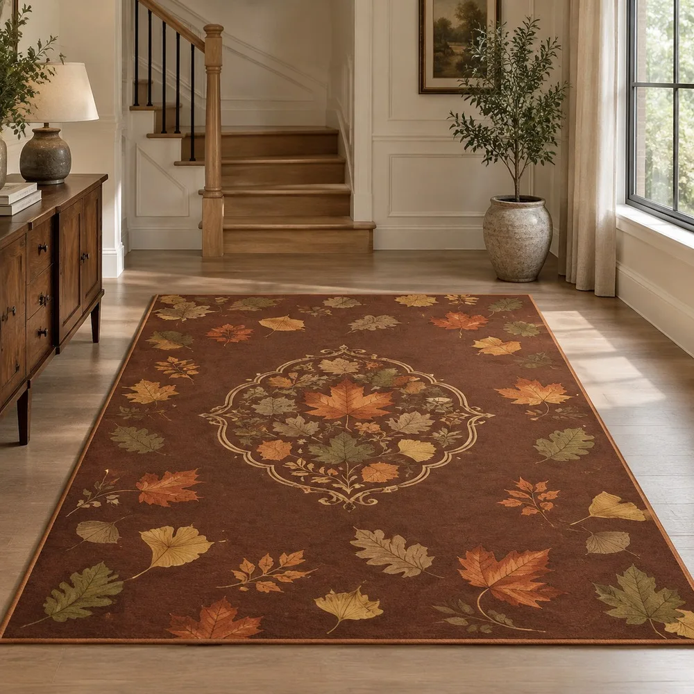 VIKAMA Door Mat Copper Brown Maple Ginkgo Oak Leaf Scatter Non Slip Study Sitting Room Fireplace Side Table Room Decor