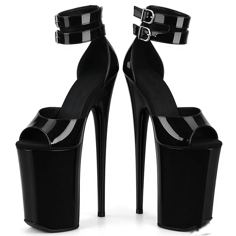 New High Platform 23cm Stiletto Heels Patent Leather Peep Toe Ankle Strap Sandals Double Buckle Nightclub Pole Dance Party Shoes