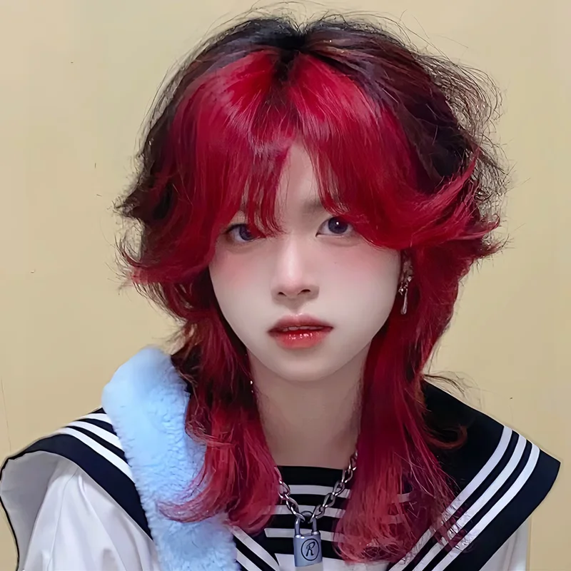 Peluca completa de estilo japonés unisex, muleta de corte de lobo natural esponjoso con rayas rojas para uso diario Cosplay