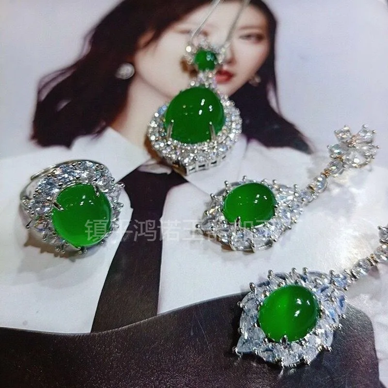 925 silver set with high-quality chalcedony large cabochon, including ring, earrings, and necklace