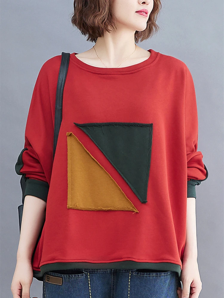 Oversized 2023 Autumn Patchwork Long Sleeves T Shirt Loose Casual Women Korea Ladies Womens Cotton T-shirt New Woman Red Tshirt