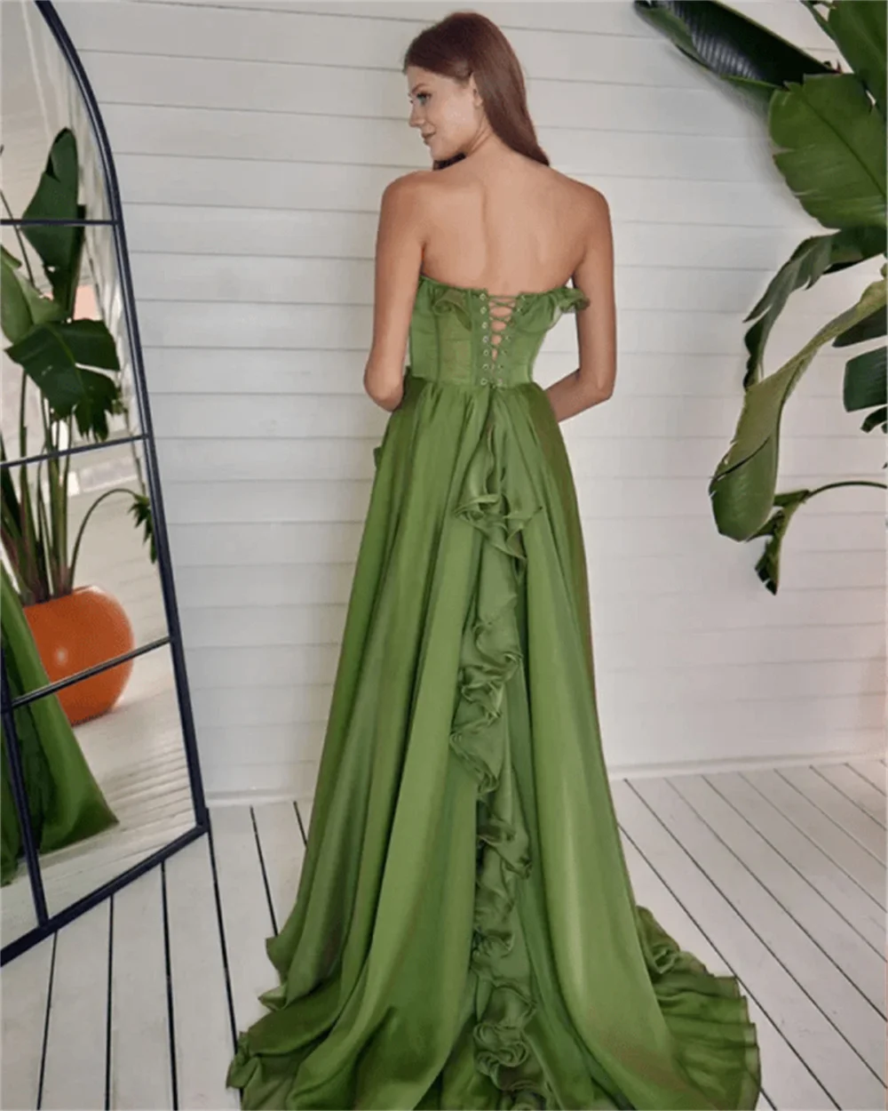 Cathy Green Strapless Chiffon Prom Dress Elegant Lace-up Back فستان حفلات الزفاف Sleeveless Side High Split Wedding Dress 2024