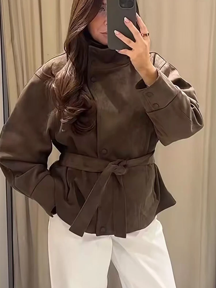 Vintage Women's Streetwear Lace-up Suede Jackets 2026 Autumn New Ladies Stand Collar Full Sleeve Buttons Belted Trench Coat