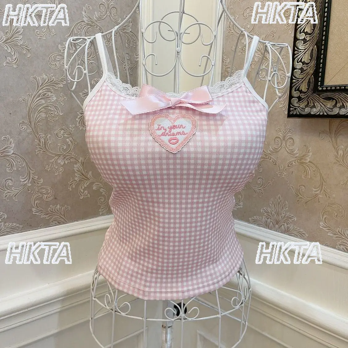 

Kawaii Cute Sweet Plaid Vest Womens Bow Heart Embroidery Lace Slimming Short Top with Chest Pads Camisole Vest Crop Top Women