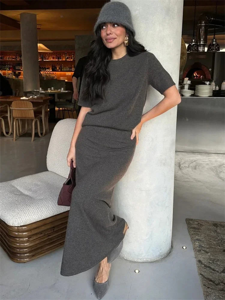 Fmxires Knit Fashion Long Skirt Outfits Women's Short Sleeve Sweater Pullover Top And Solid Maxi Skirt 2 Piece-Set Knitwear Sets