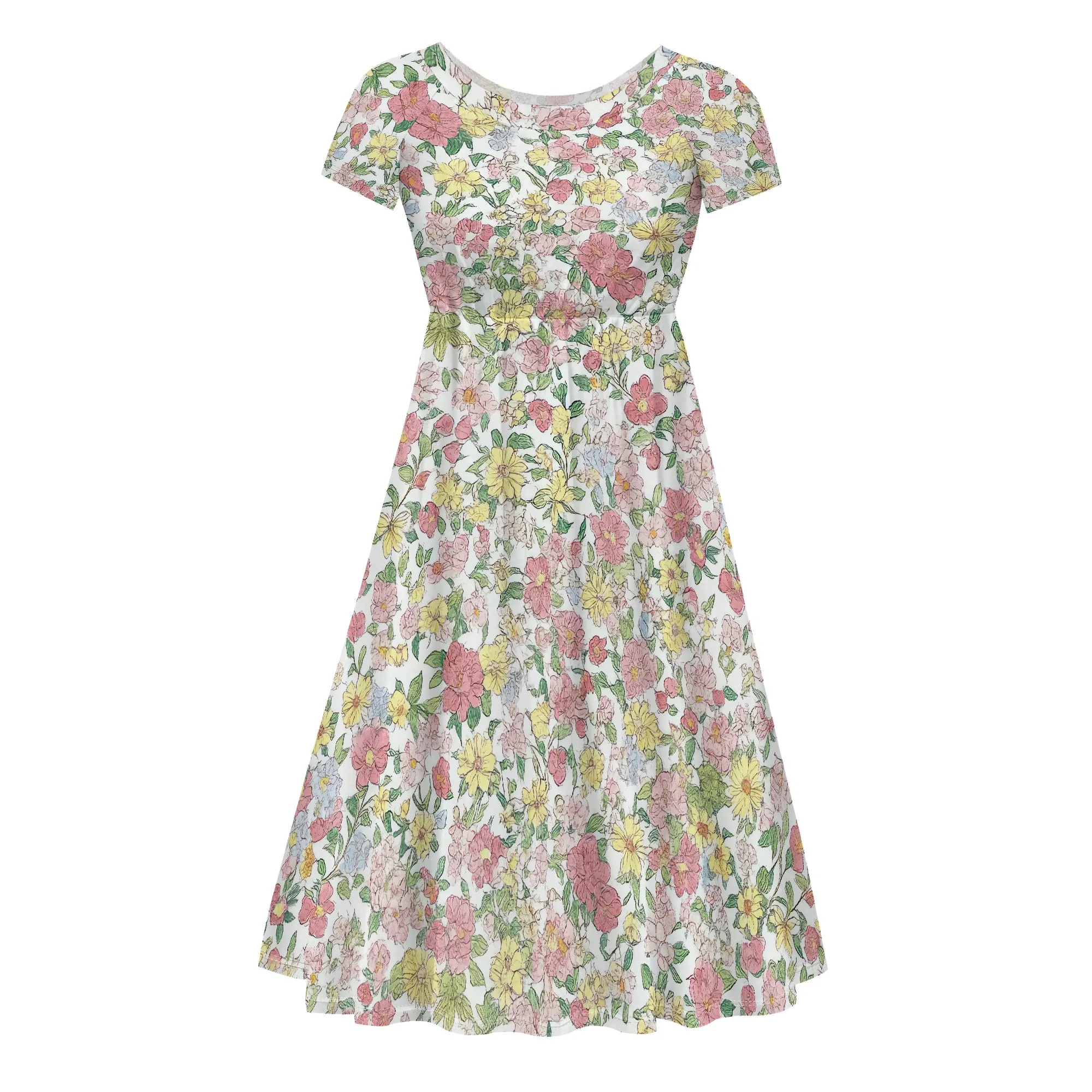 여성 드레스 짧은 소매 캐주얼 루즈 스윙 미디 드레스 Pleated Summer A 라인 프릴 Flowy Beach Vacation Dress